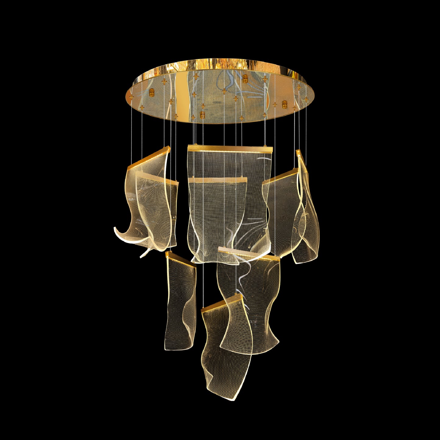 gold LED chandelier with sculptural wave panel design
