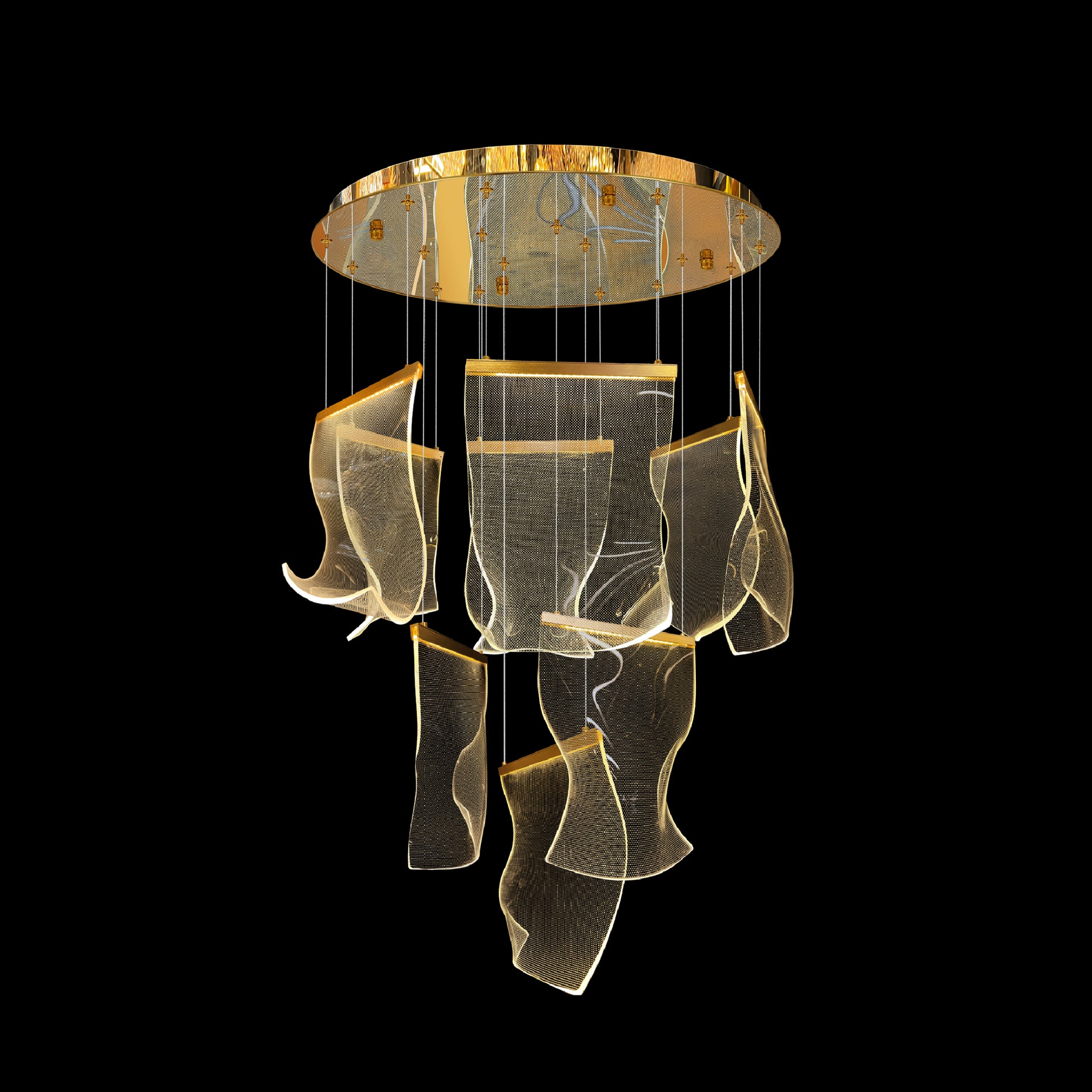 gold LED chandelier with sculptural wave panel design
