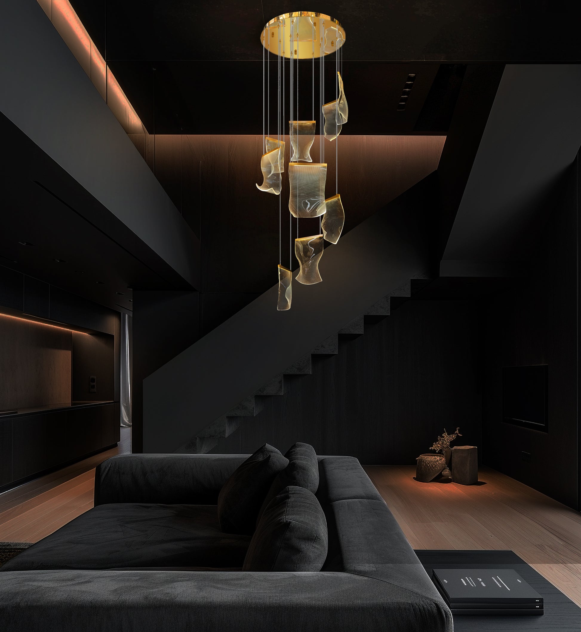 gold LED chandelier in luxury living room interior