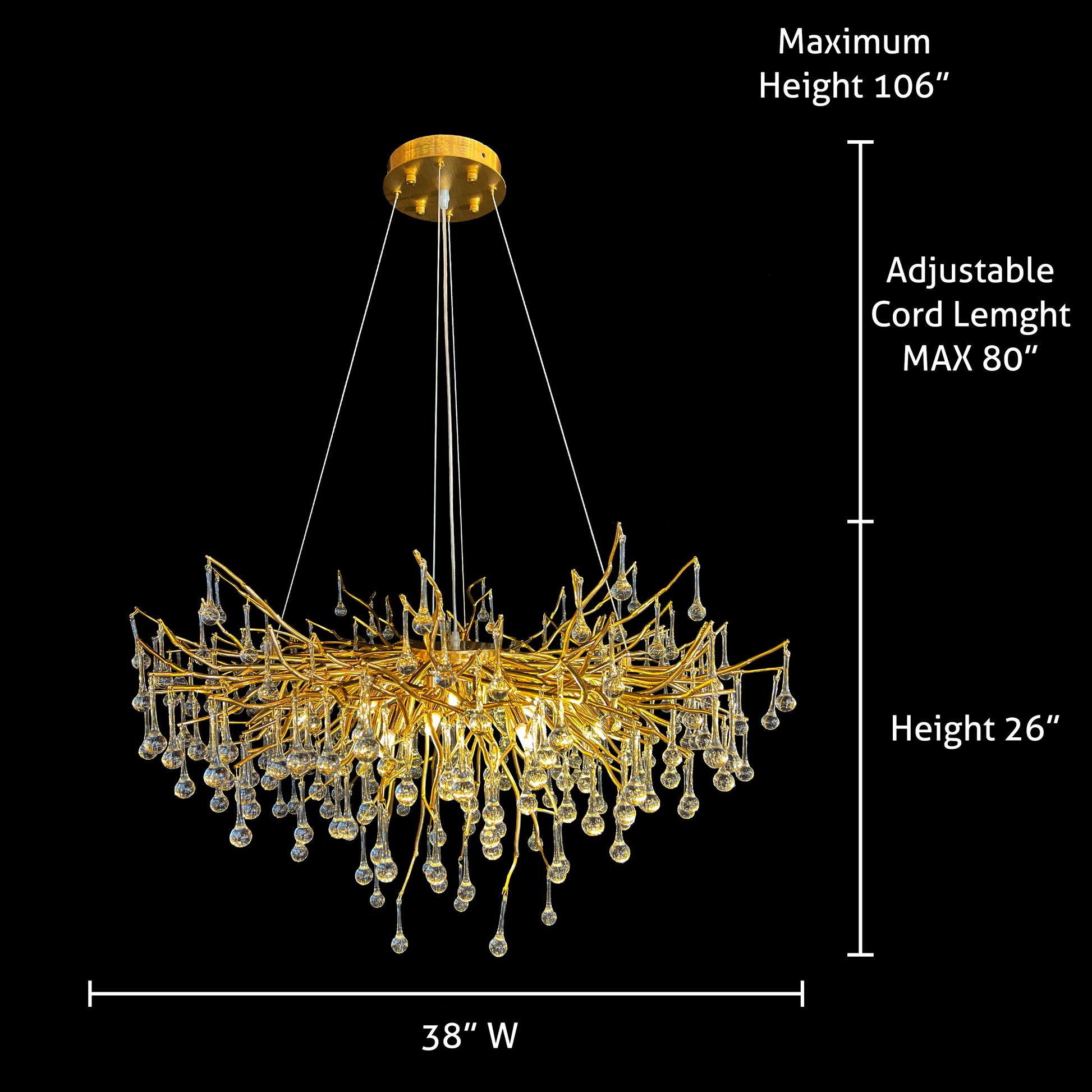 Gold branch chandelier with size dimensions and crystal drops