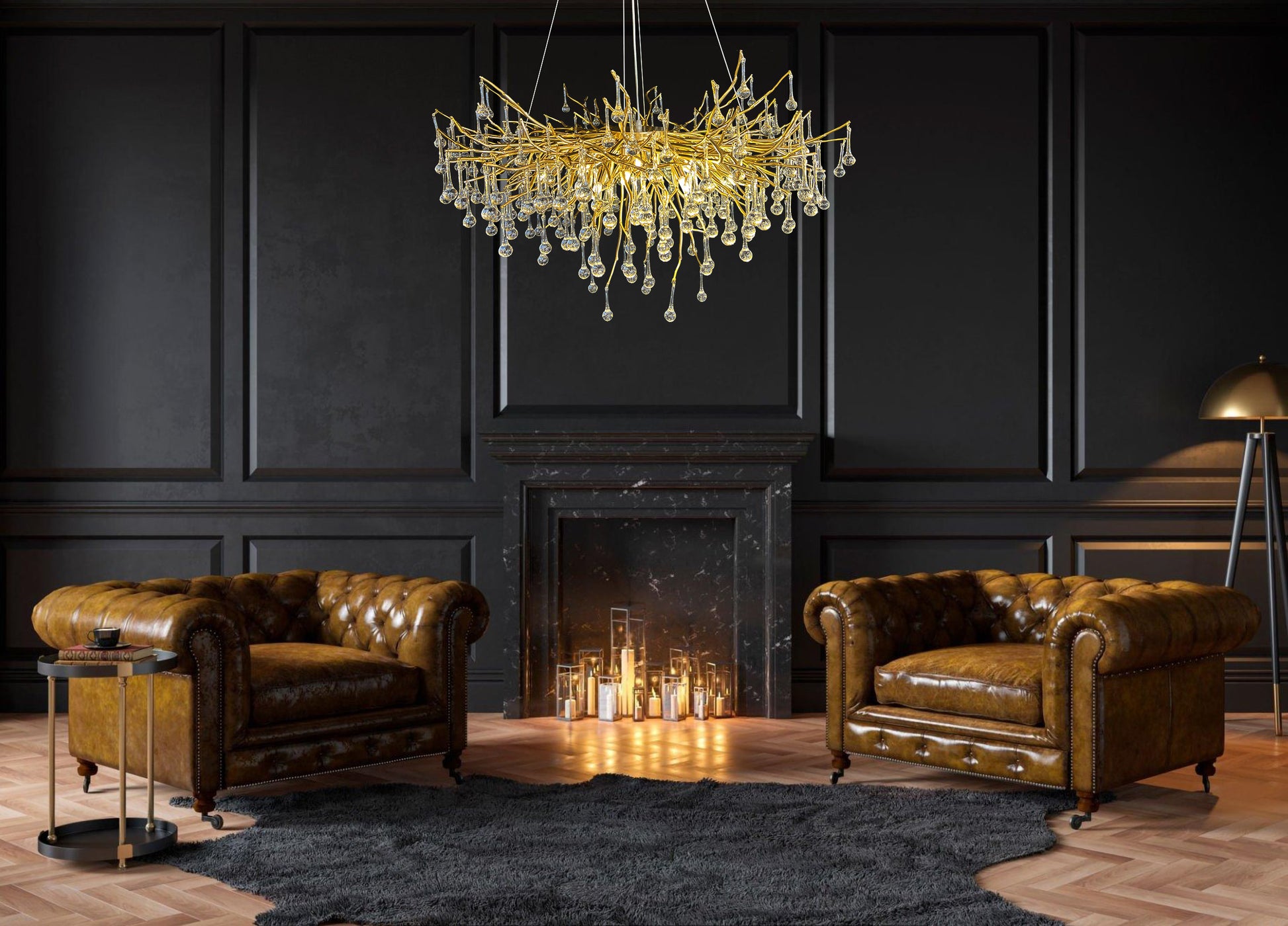 Gold glass branch chandelier above fireplace in elegant interior