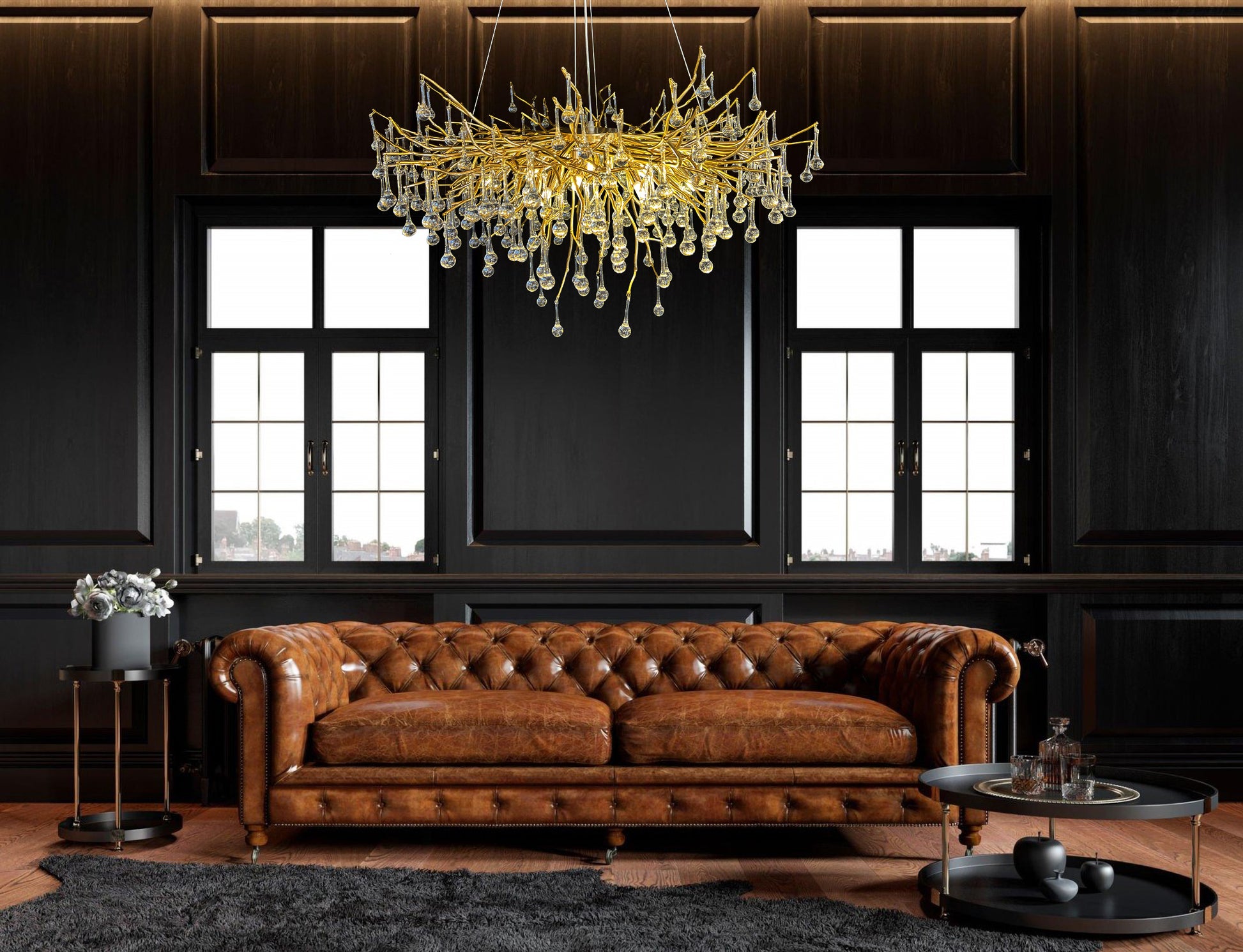 Gold branch chandelier in luxury living room interior above sofa