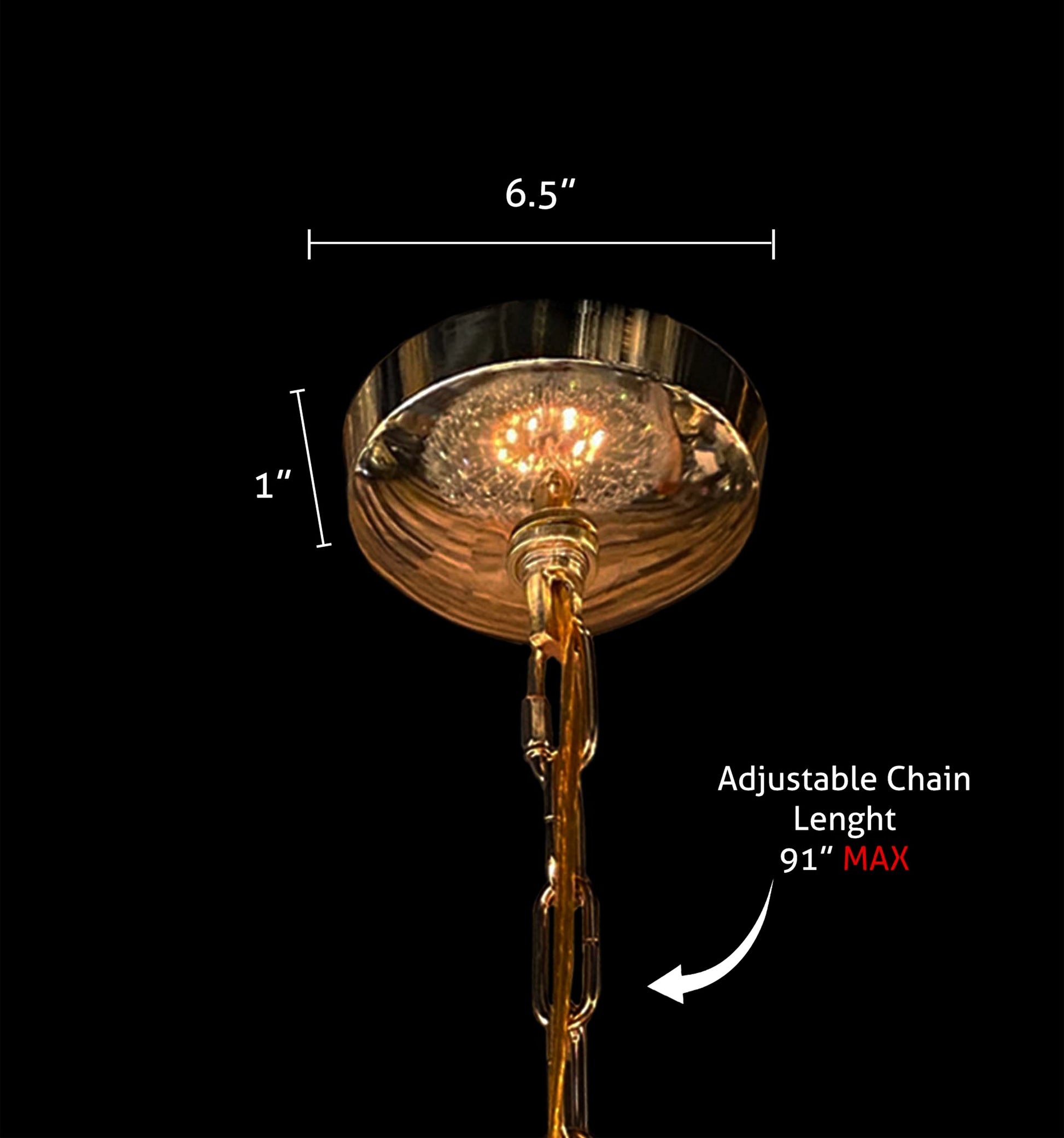 Adjustable gold chandelier canopy and hanging chain detail
