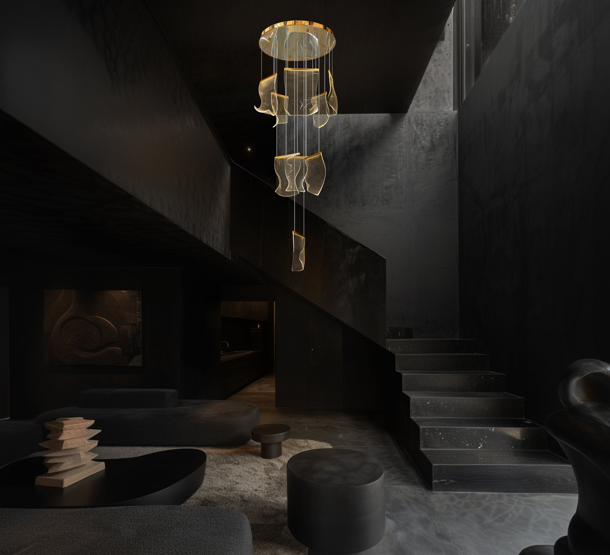 Gold LED chandelier installed in modern staircase interior