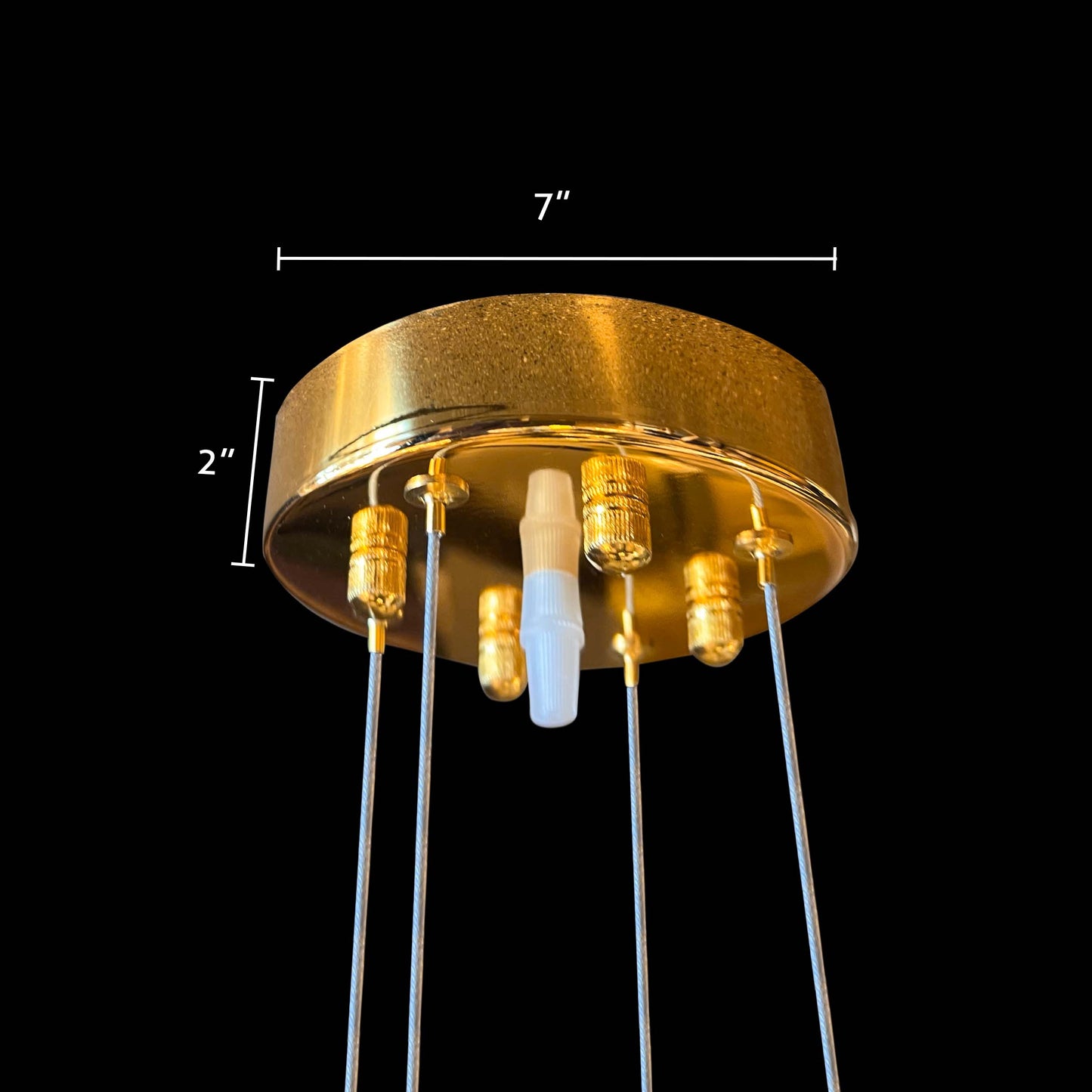 gold LED chandelier ceiling canopy and suspension detail
