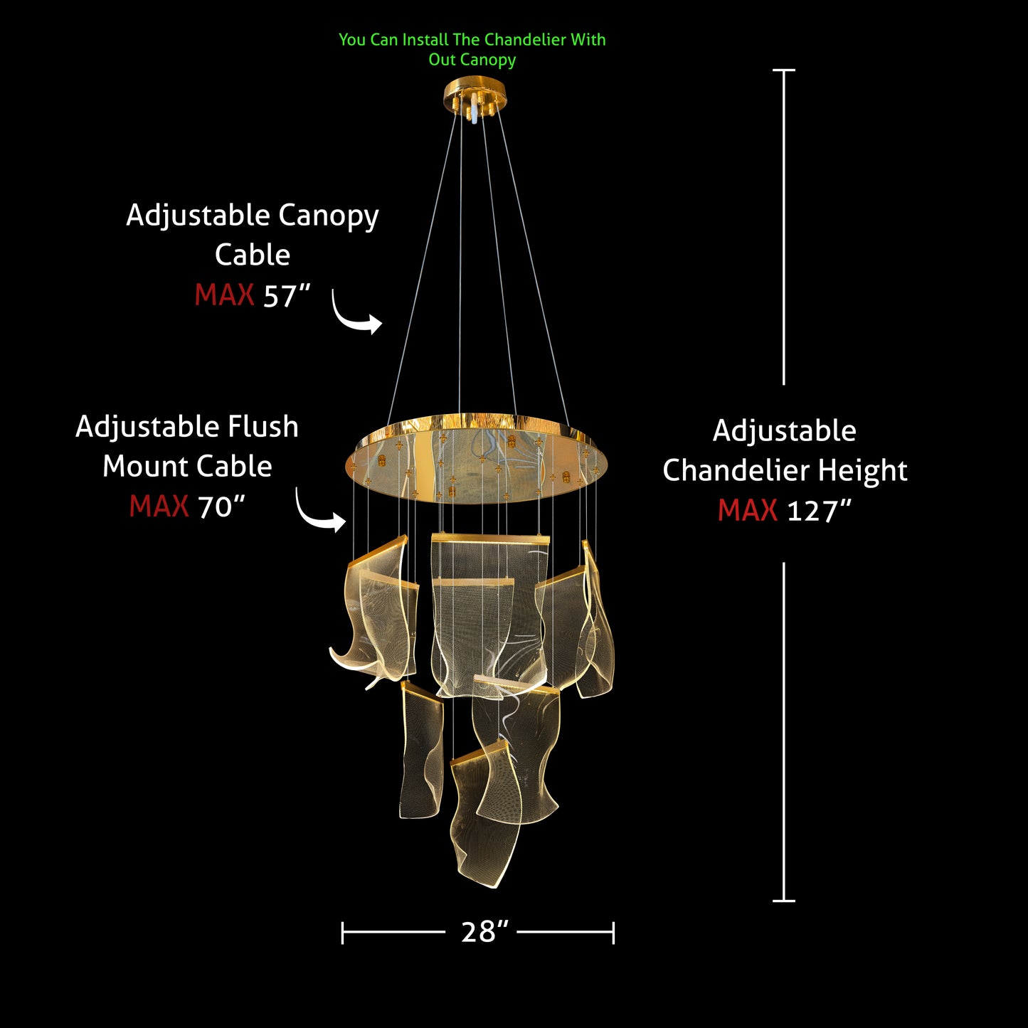 Gold LED chandelier with adjustable height and canopy cable measurements