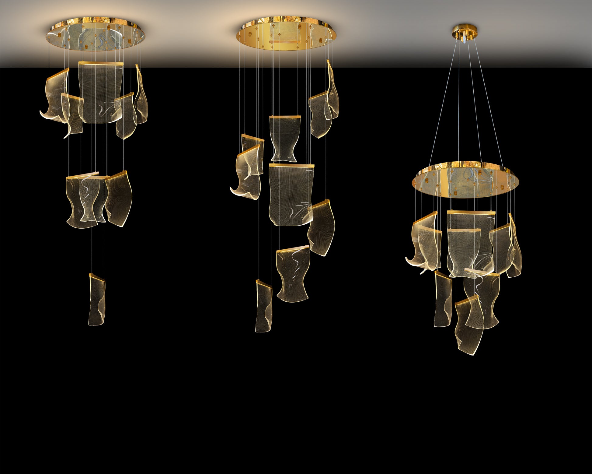 Installation options for gold LED chandelier showing flush mount and canopy suspension