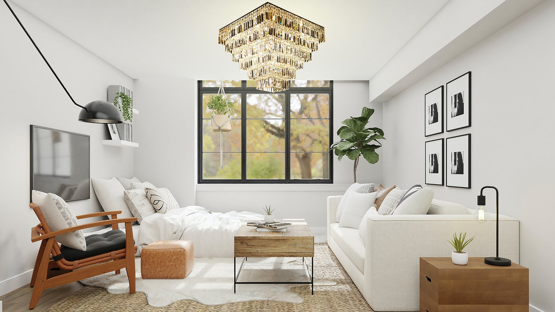  gold square crystal chandelier illuminating modern white bedroom interior
