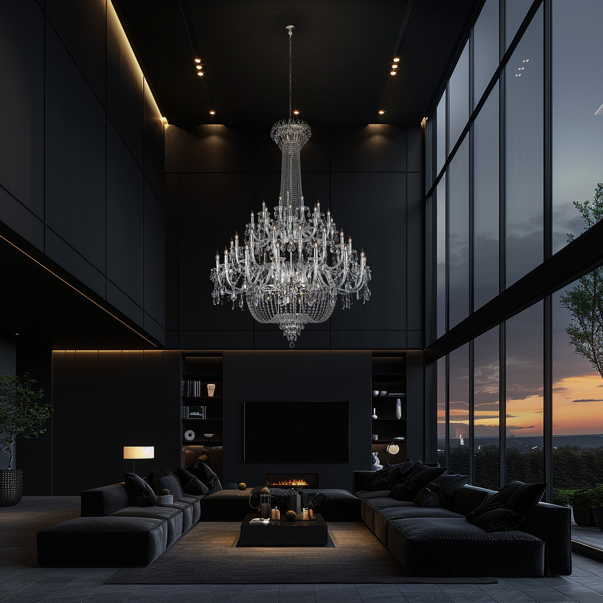 Grand chrome crystal chandelier glowing in a modern dark-toned interior