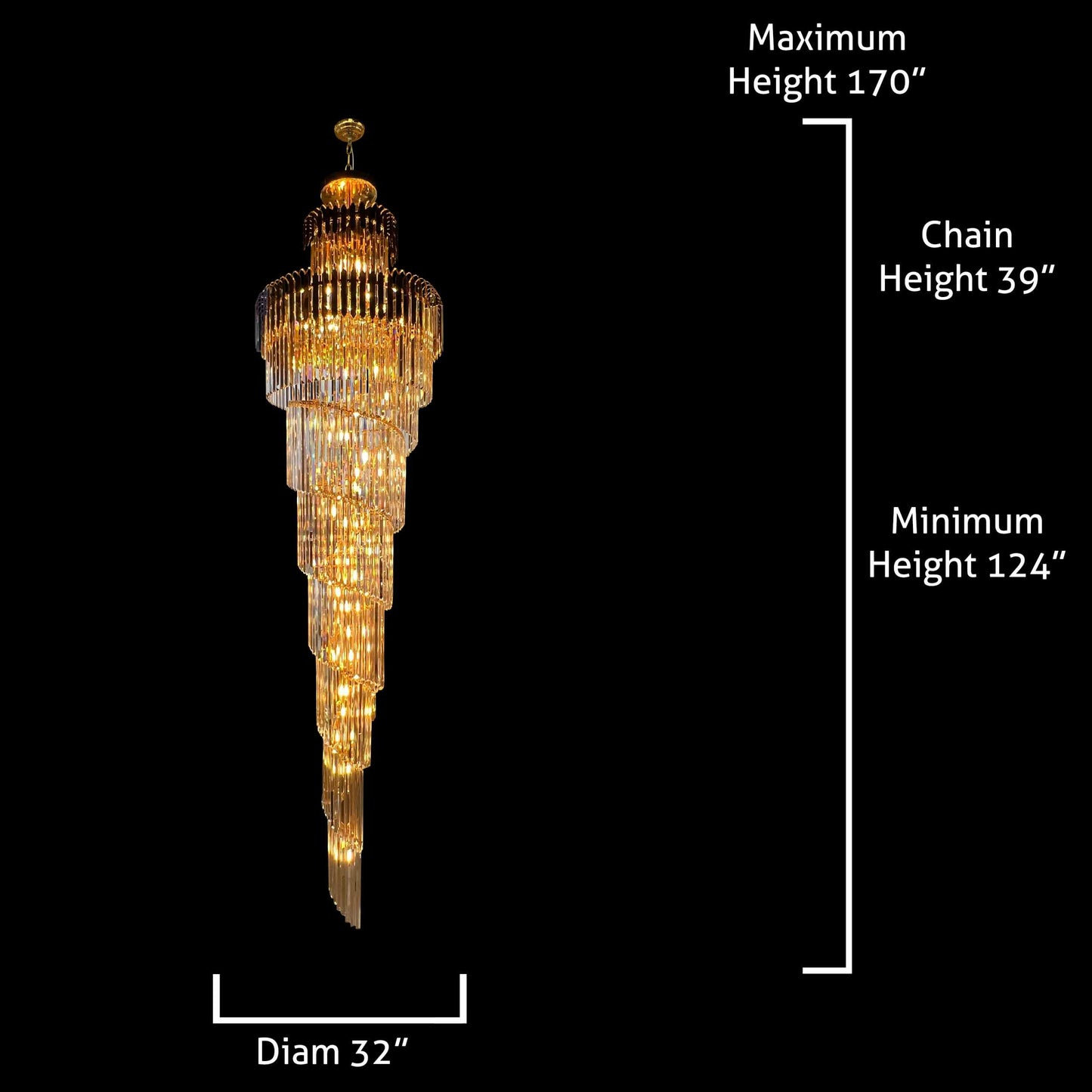 Luxury crystal chandelier dimensions showing adjustable chain and height