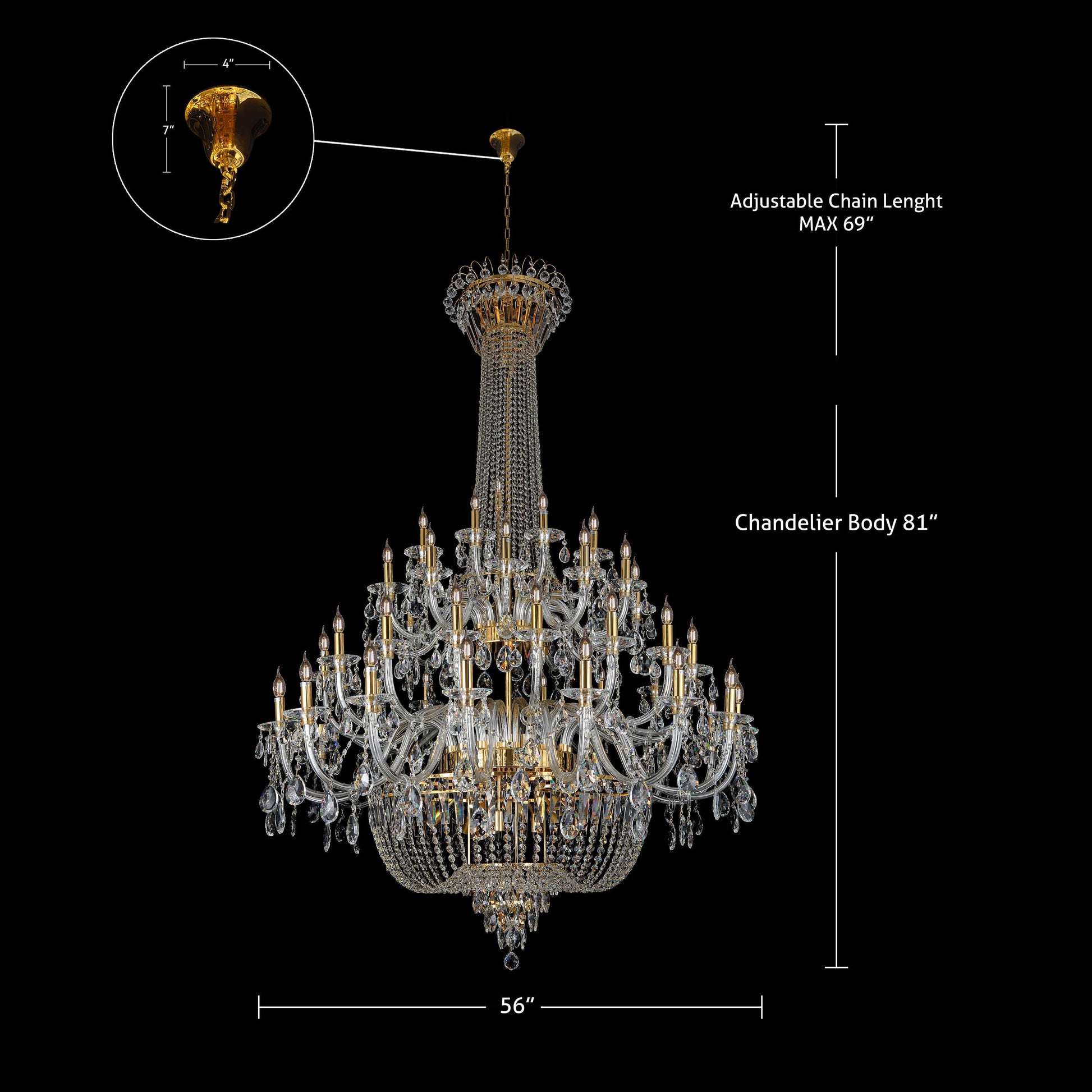 56 inch empire cold crystal chandelier size and dimension diagram