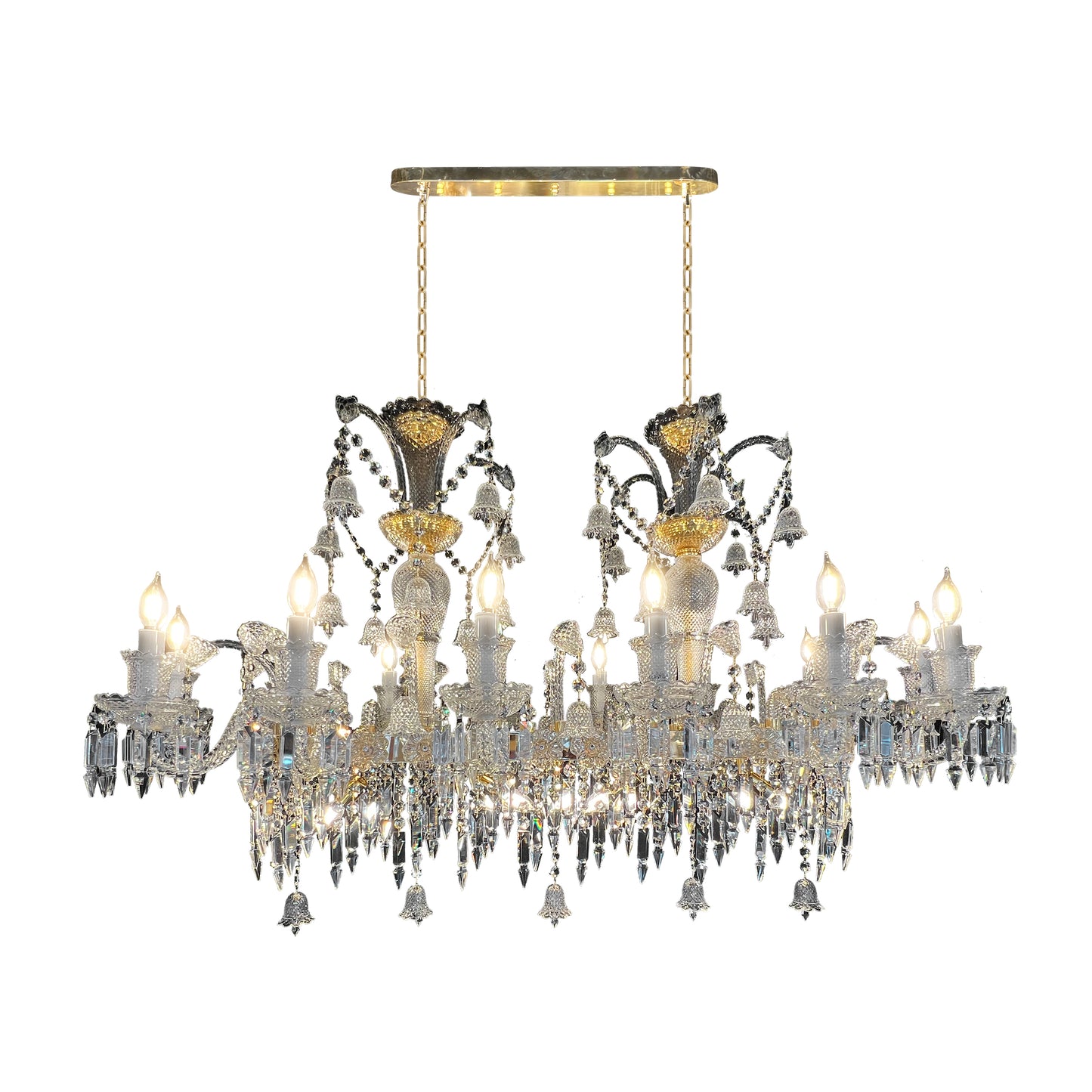 Baccarat style gold chandelier with transparent glass arms, crystal drops, and 18-light configuration on a white background.
