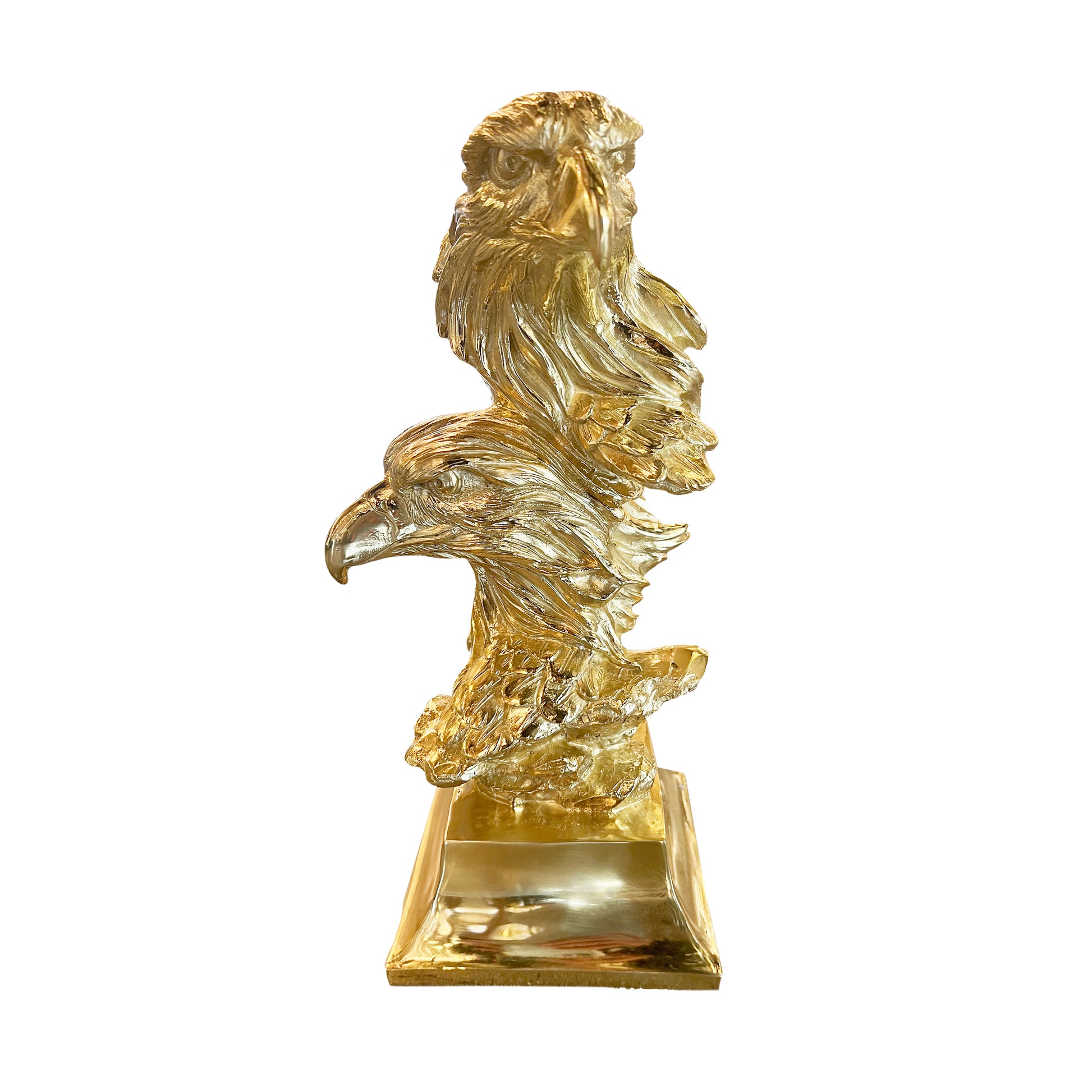Perspective view of the luxury handmade Italian brass eagle sculpture highlighting the polished finish.