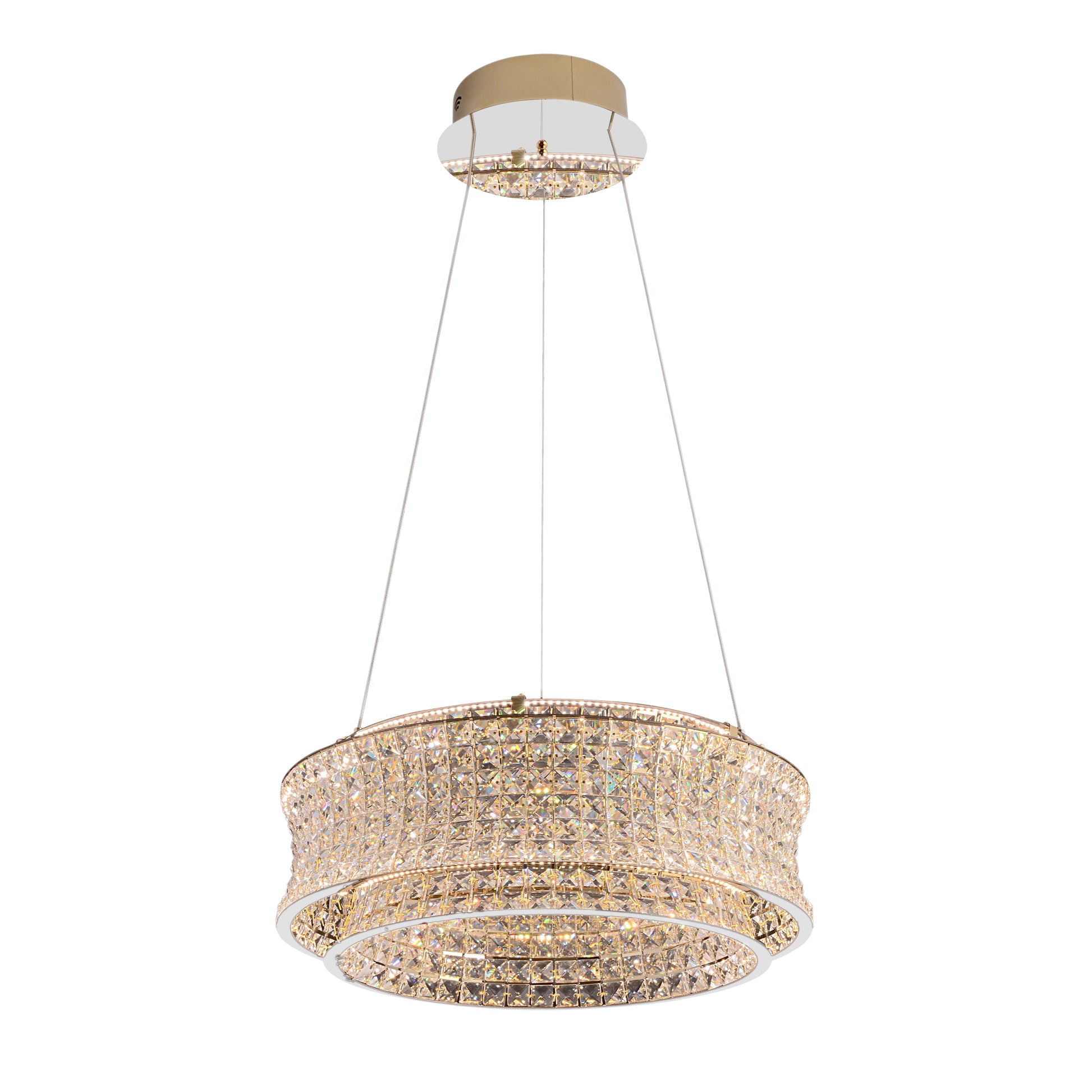 Minimal modern view of suspended round crystal LED chandelier with chrome canopy.