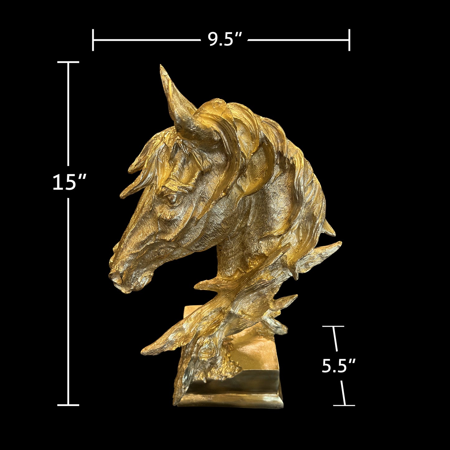 Size chart for the brass horse head showing 15 inches height 