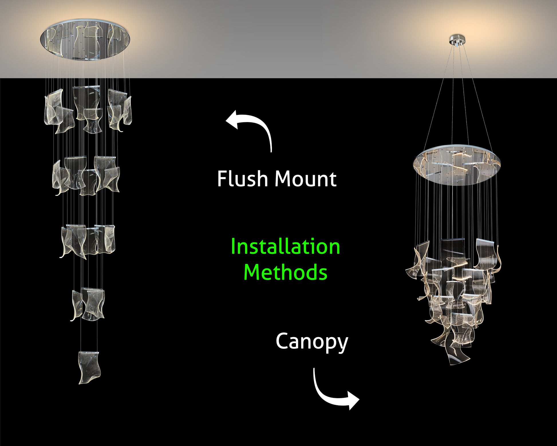 Installation methods showing flush mount and canopy options for the adjustable dimmable LED wave chandelier.

