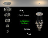 Installation methods showing flush mount and canopy options for the adjustable dimmable LED wave chandelier.
