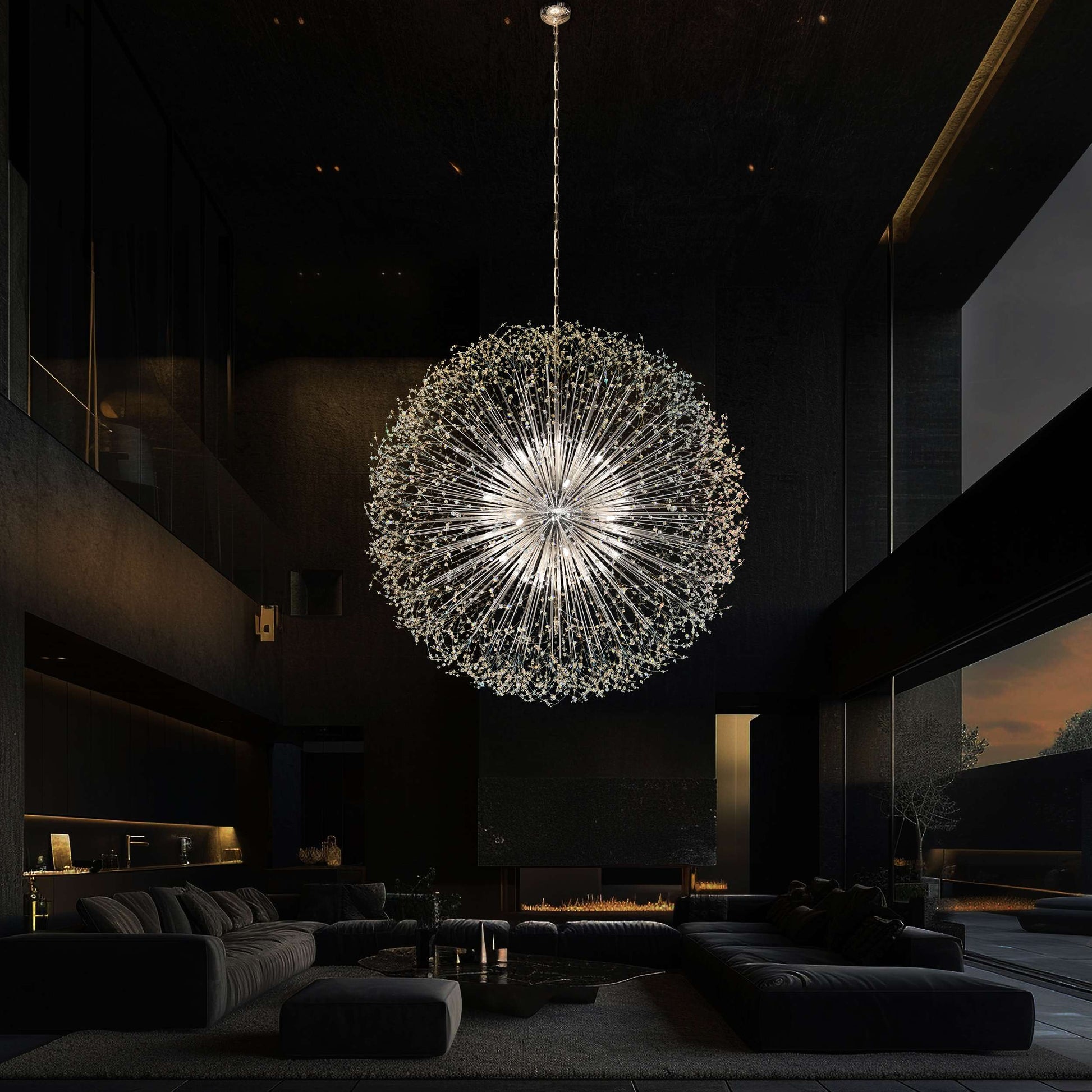 Large chrome starburst chandelier lighting elegant living 
