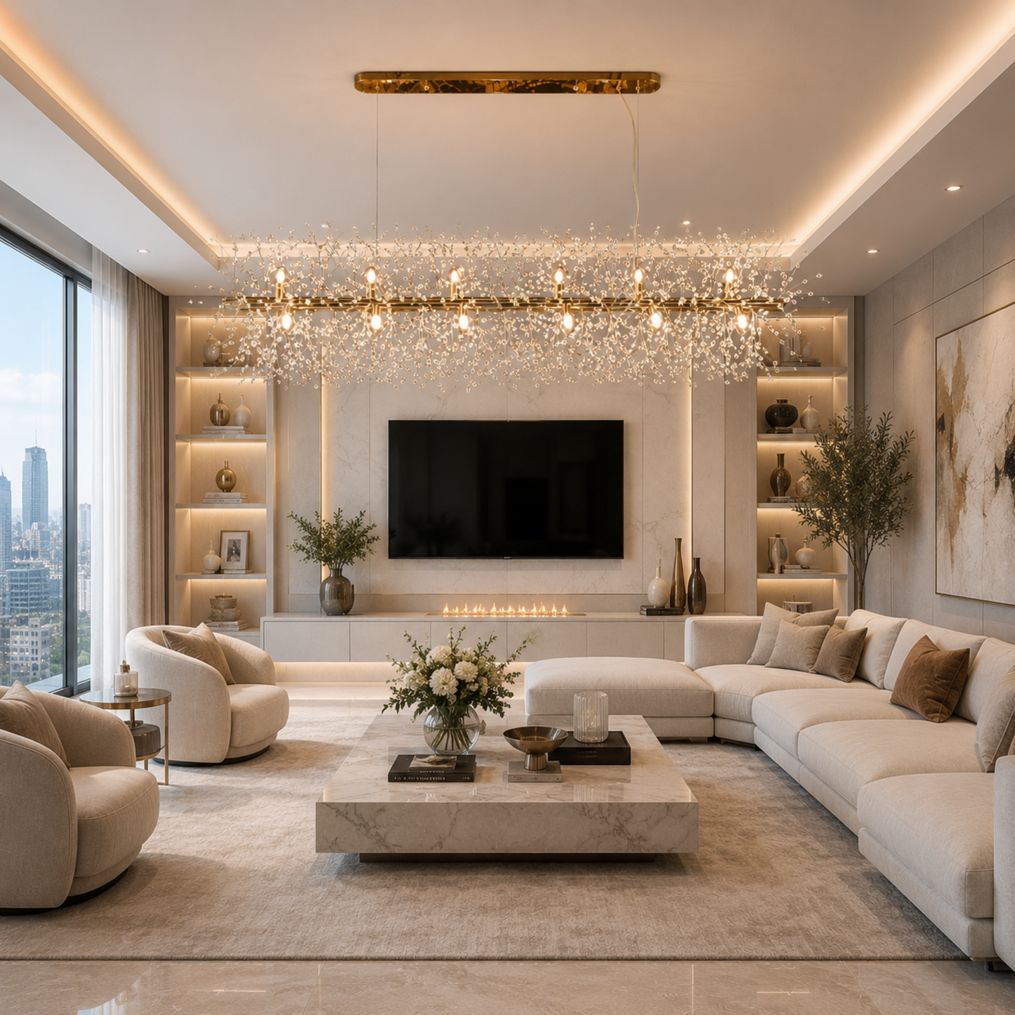 Modern living room with a large sectional sofa, coffee table, and decorative elements.