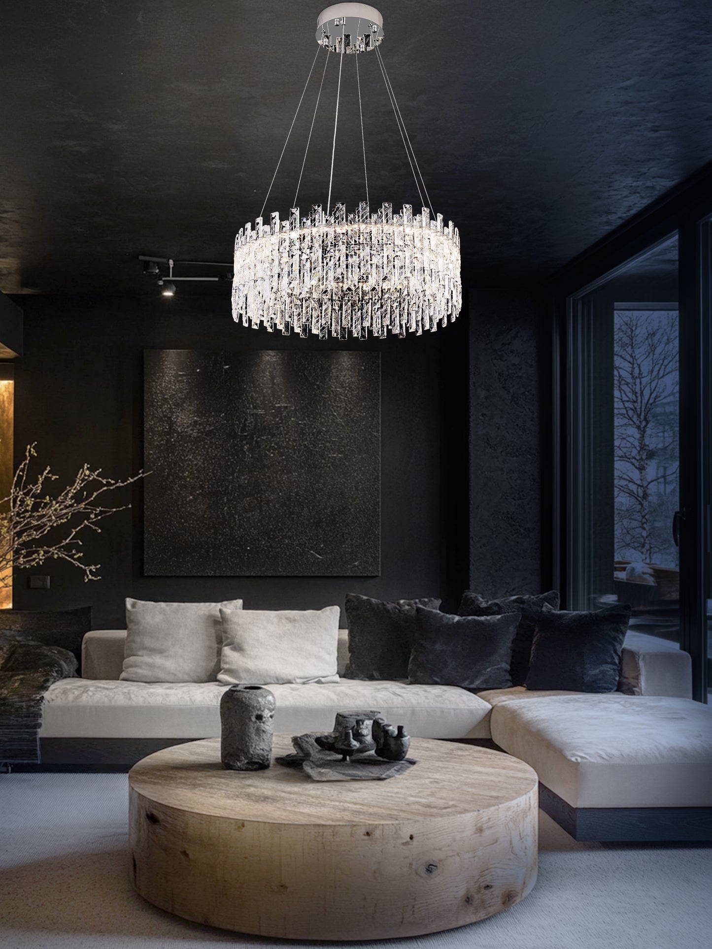Designer crystal pendant light enhancing upscale contemporary interiors
