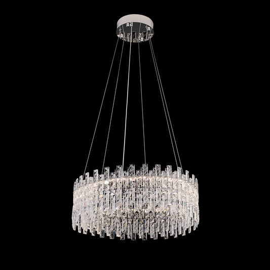 A modern crystal LED chandelier with a chrome finish and adjustable hanging cables, featuring a circular light fixture with crystals attached.
