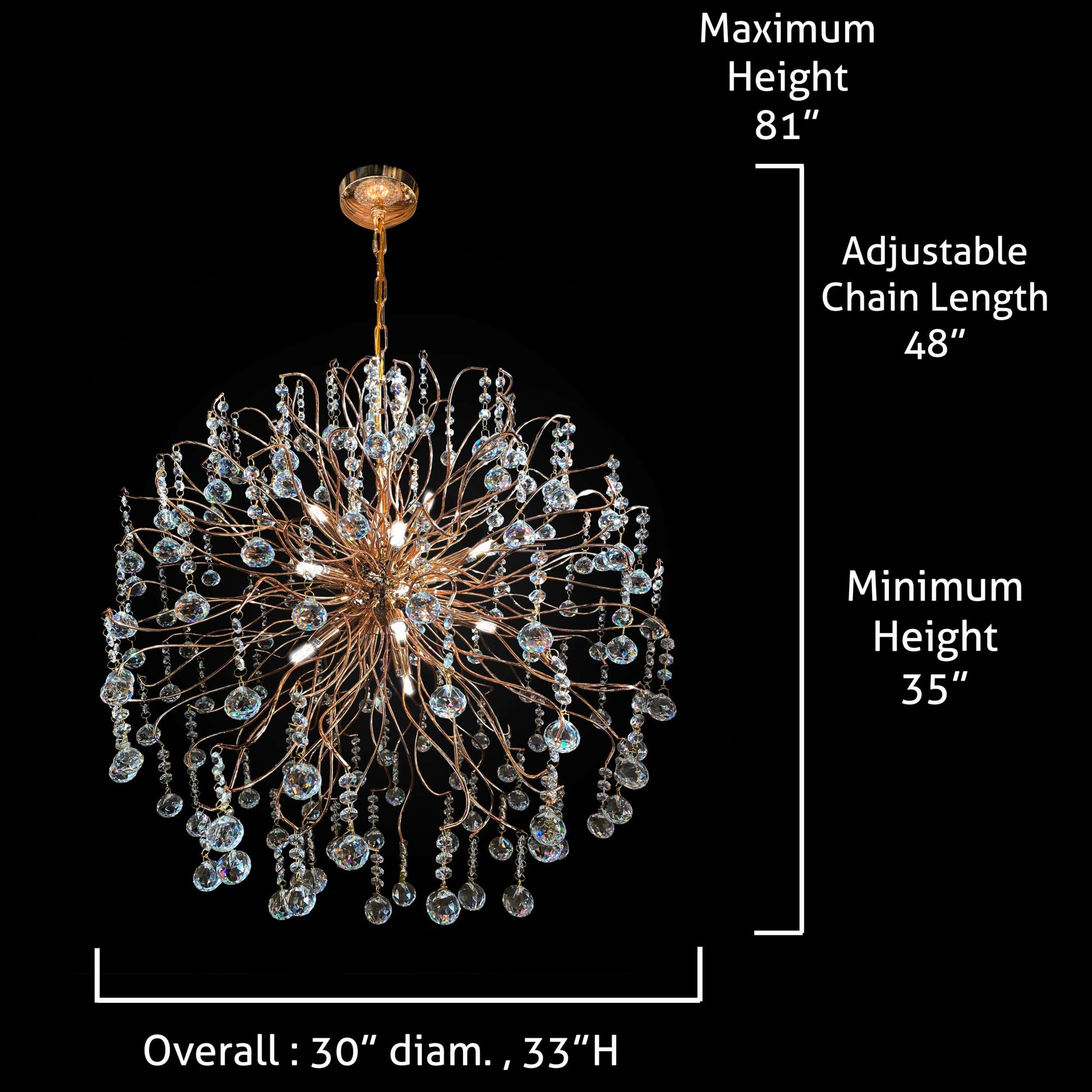 Dimension guide showing size and adjustable chain of chandelier.