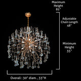 Dimension guide showing size and adjustable chain of chandelier.