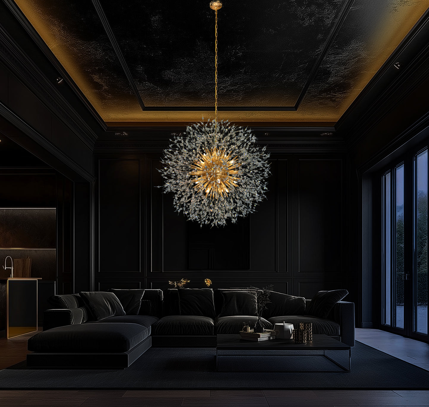 A luxury starburst gold crystal chandelier hanging in a dimly lit room with a black sofa, representing a modern pendant light for dining room and foyer.