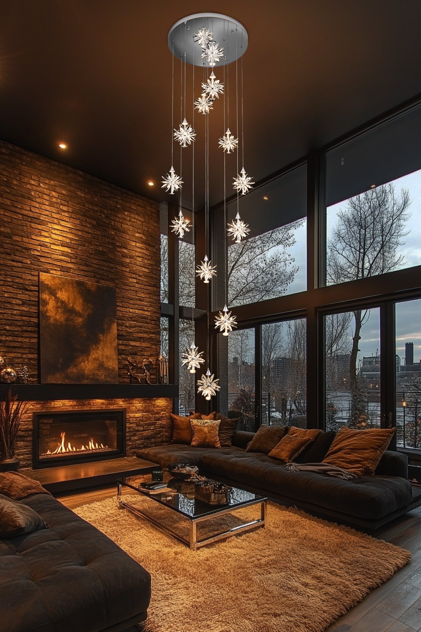 Luxury 12 ight spiral  LED crystal chandelier installed in high ceiling living room