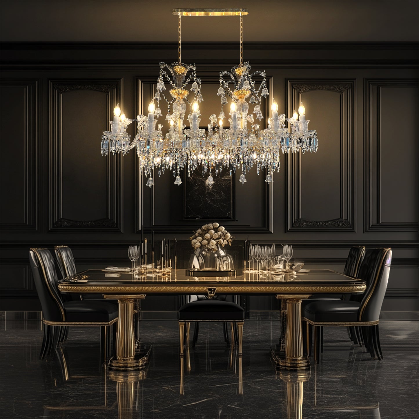 Baccarat style rectangular gold chandelier illuminating a luxury dining area with soft warm light and elegant ambiance.
