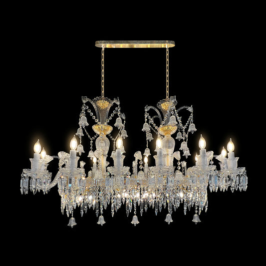 Luxury Baccarat style gold crystal chandelier with handcrafted glass arms and 18 lights, elegant rectangular empire design.
