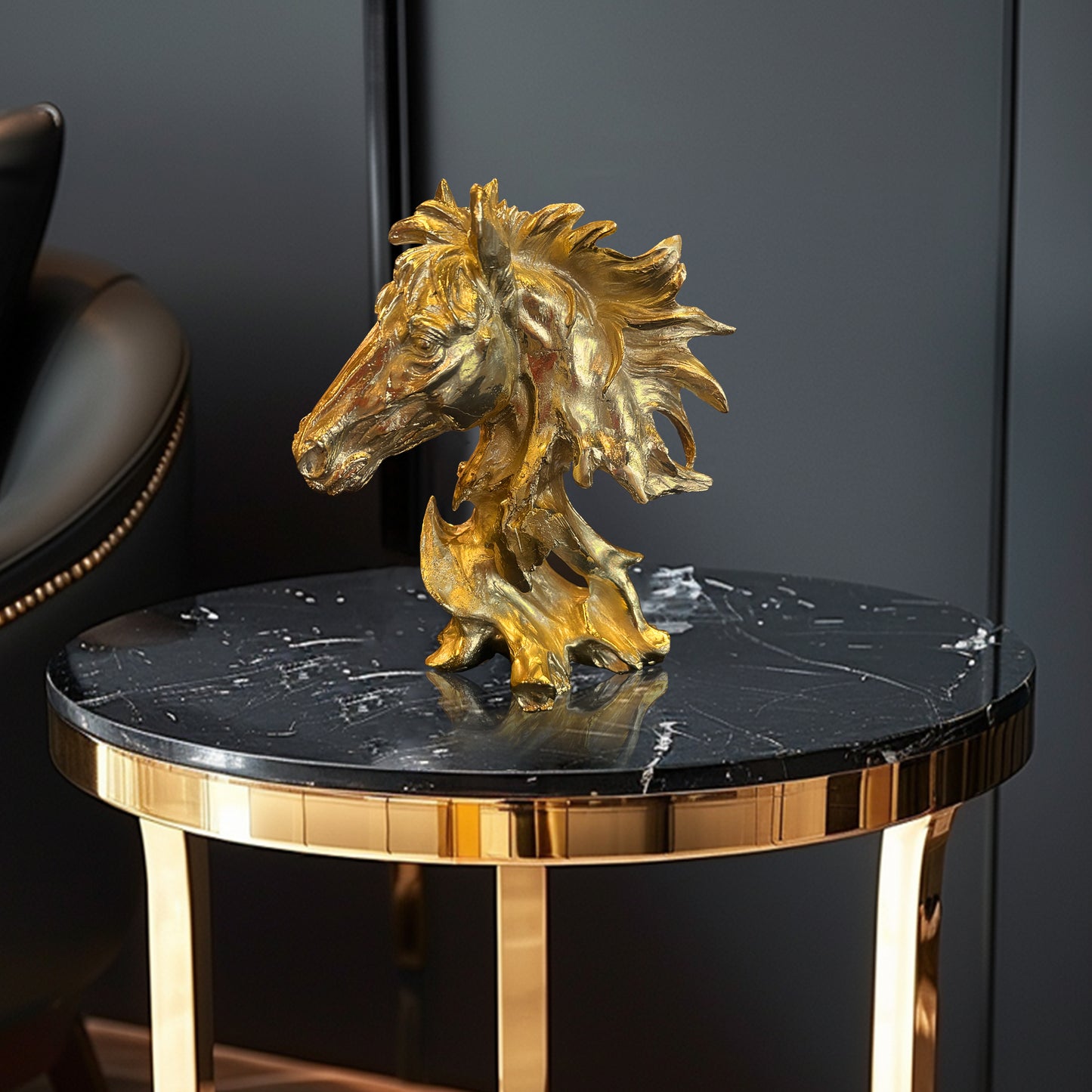 Luxury solid brass horse head sculpture displayed on a marble table for home decor.