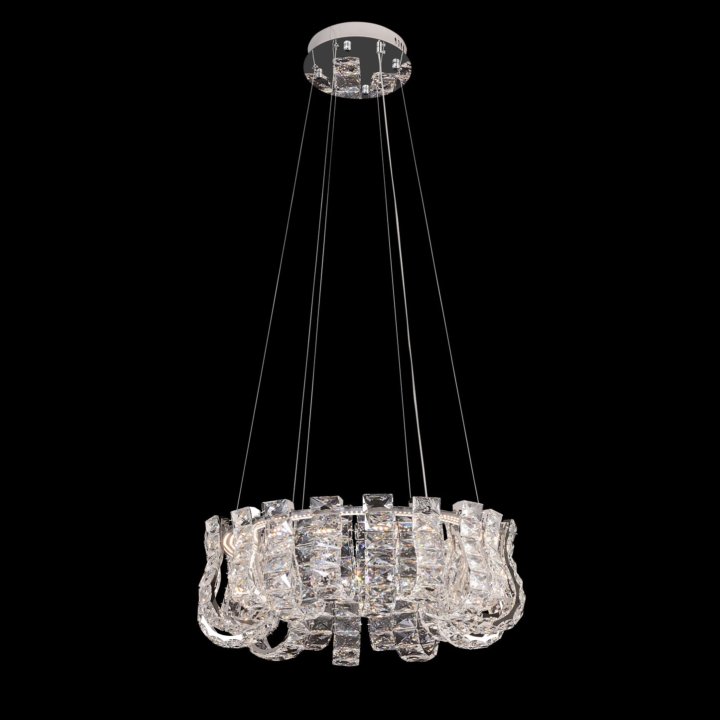 A contemporary chrome-finished crystal LED chandelier with a round shape, featuring adjustable cables and a dimmable light setting, displayed against a black background.