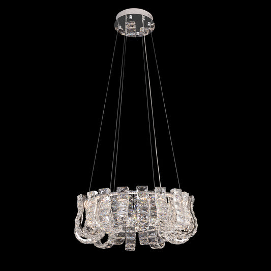A contemporary chrome-finished crystal LED chandelier with a round shape, featuring adjustable cables and a dimmable light setting, displayed against a black background.