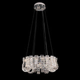 A contemporary chrome-finished crystal LED chandelier with a round shape, featuring adjustable cables and a dimmable light setting, displayed against a black background.
