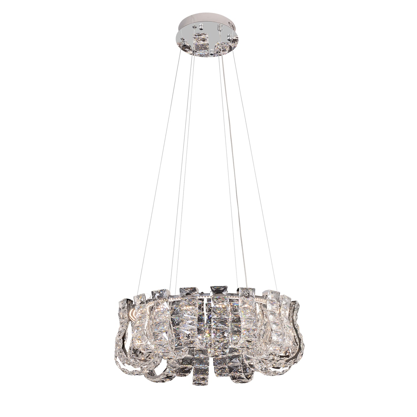 Luxury chrome crystal chandelier with LED lighting shown on white background for product clarity.