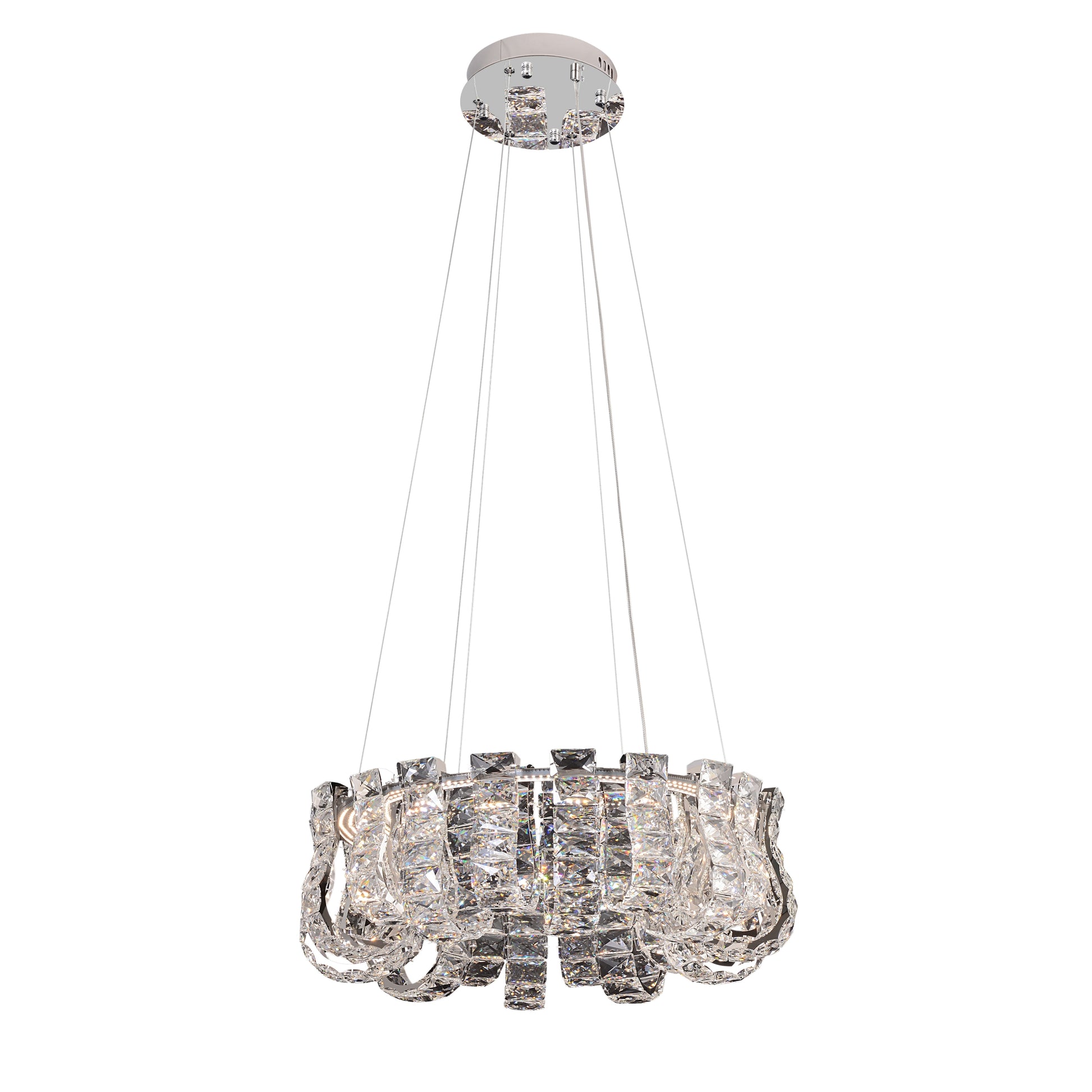 Luxury chrome crystal chandelier with LED lighting shown on white background for product clarity.