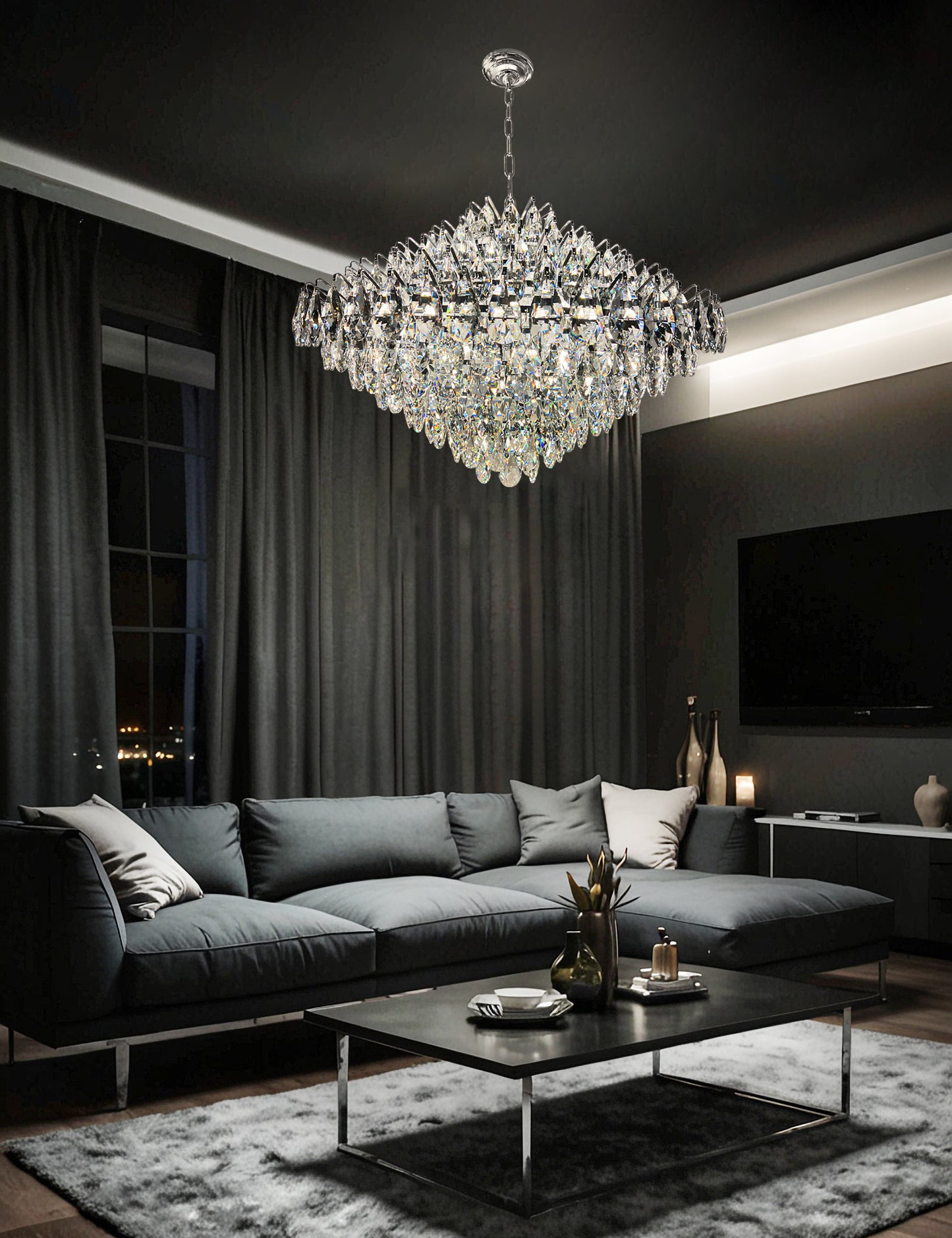 31 inch chrome crystal dimmable teardrop chandelier hanging in a modern family room 