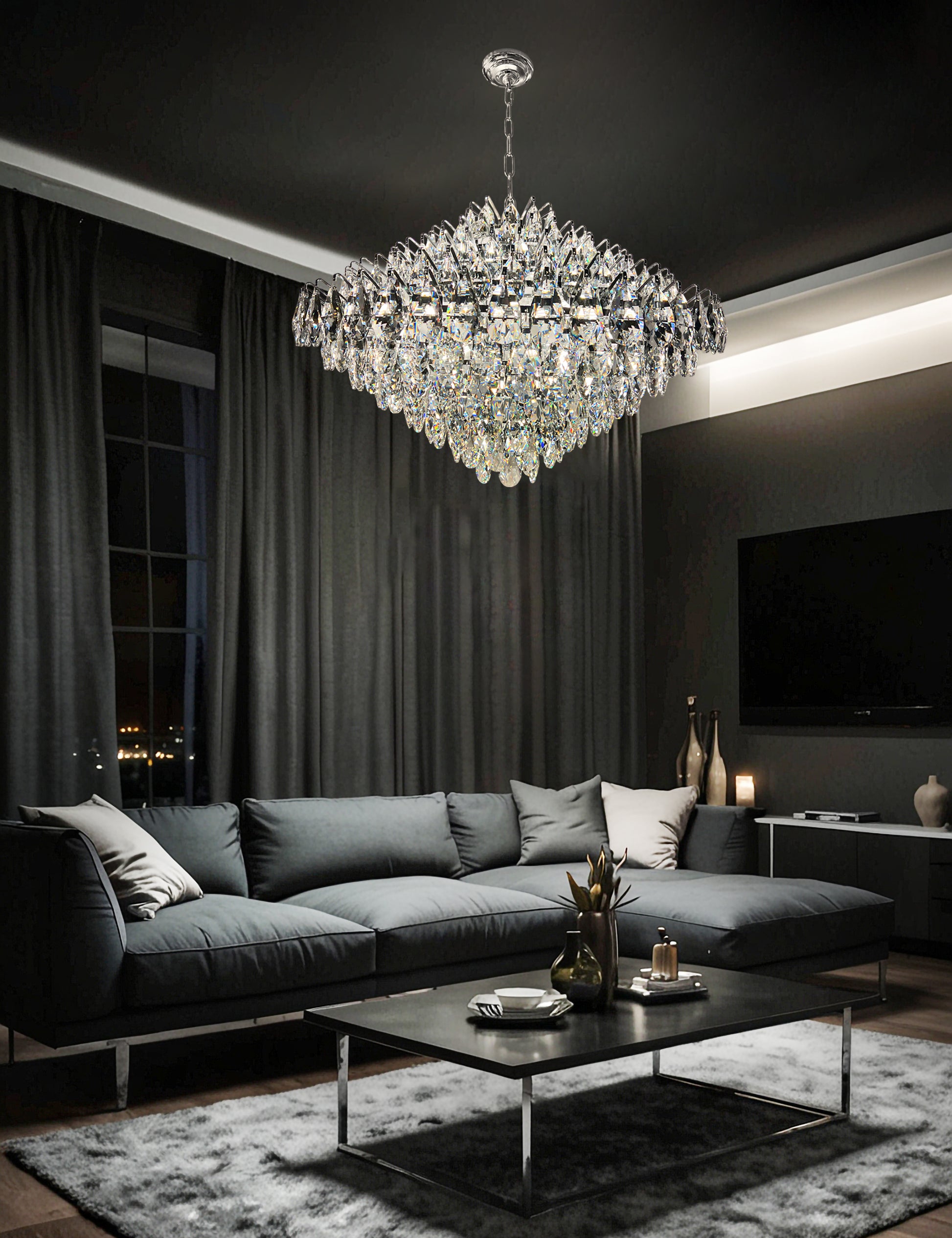 31 inch chrome crystal dimmable teardrop chandelier hanging in a modern family room 