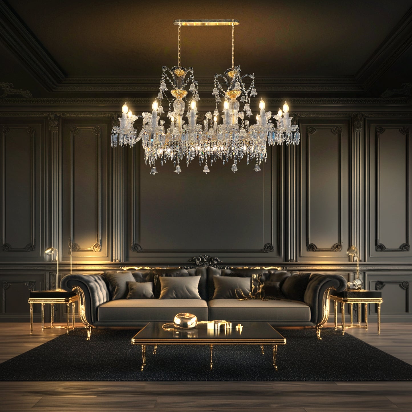 French inspired gold crystal chandelier illuminating a modern living space, featuring glass detailing and empire-style design.
