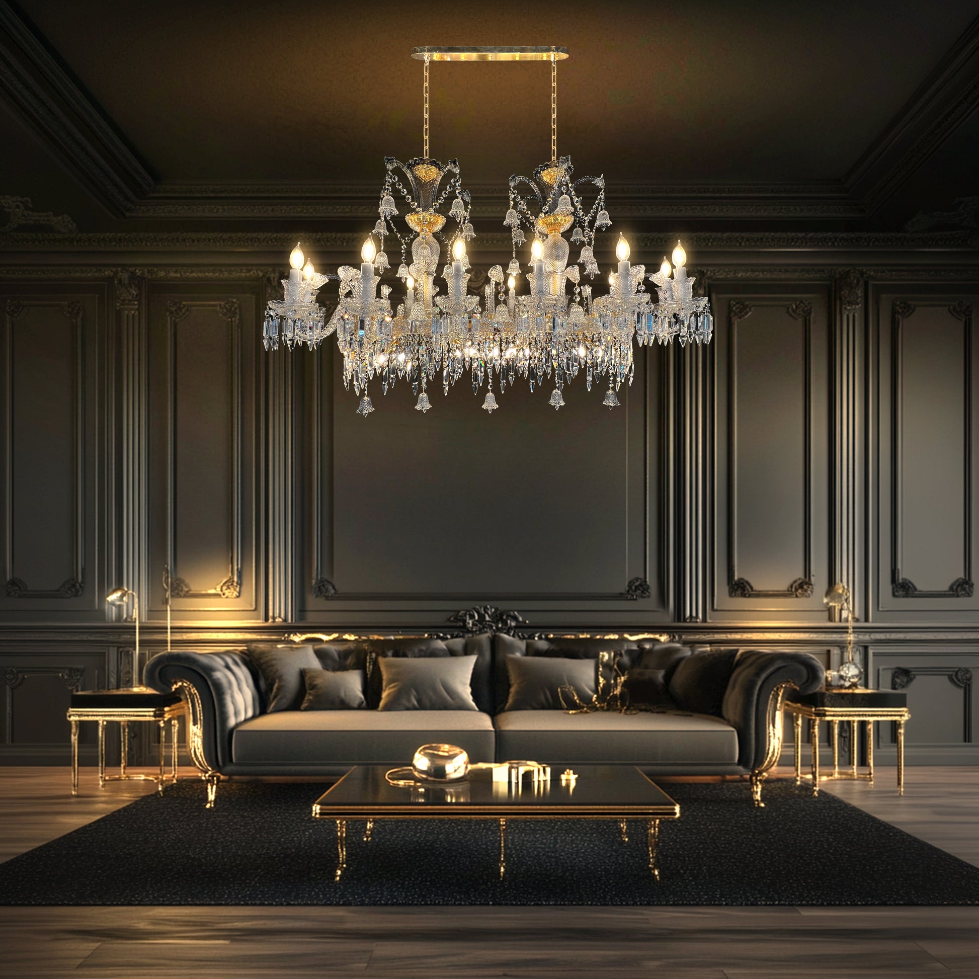 French inspired gold crystal chandelier illuminating a modern living space, featuring glass detailing and empire-style design.
