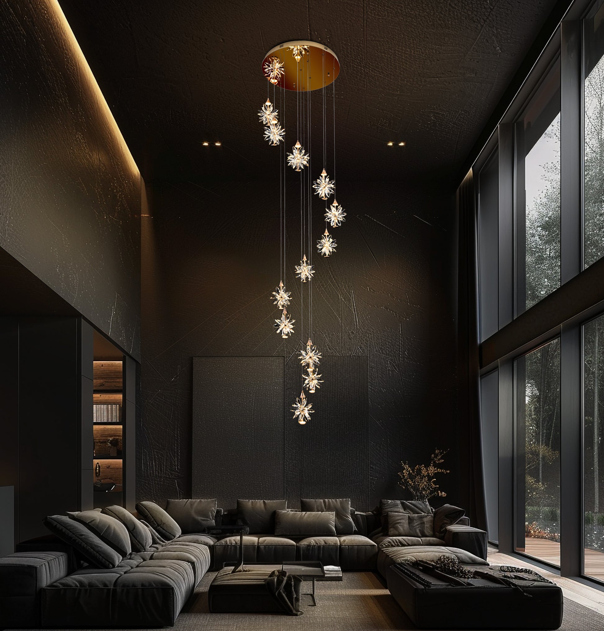 Luxury 12 light spiral  LED crystal chandelier installed in high ceiling living room