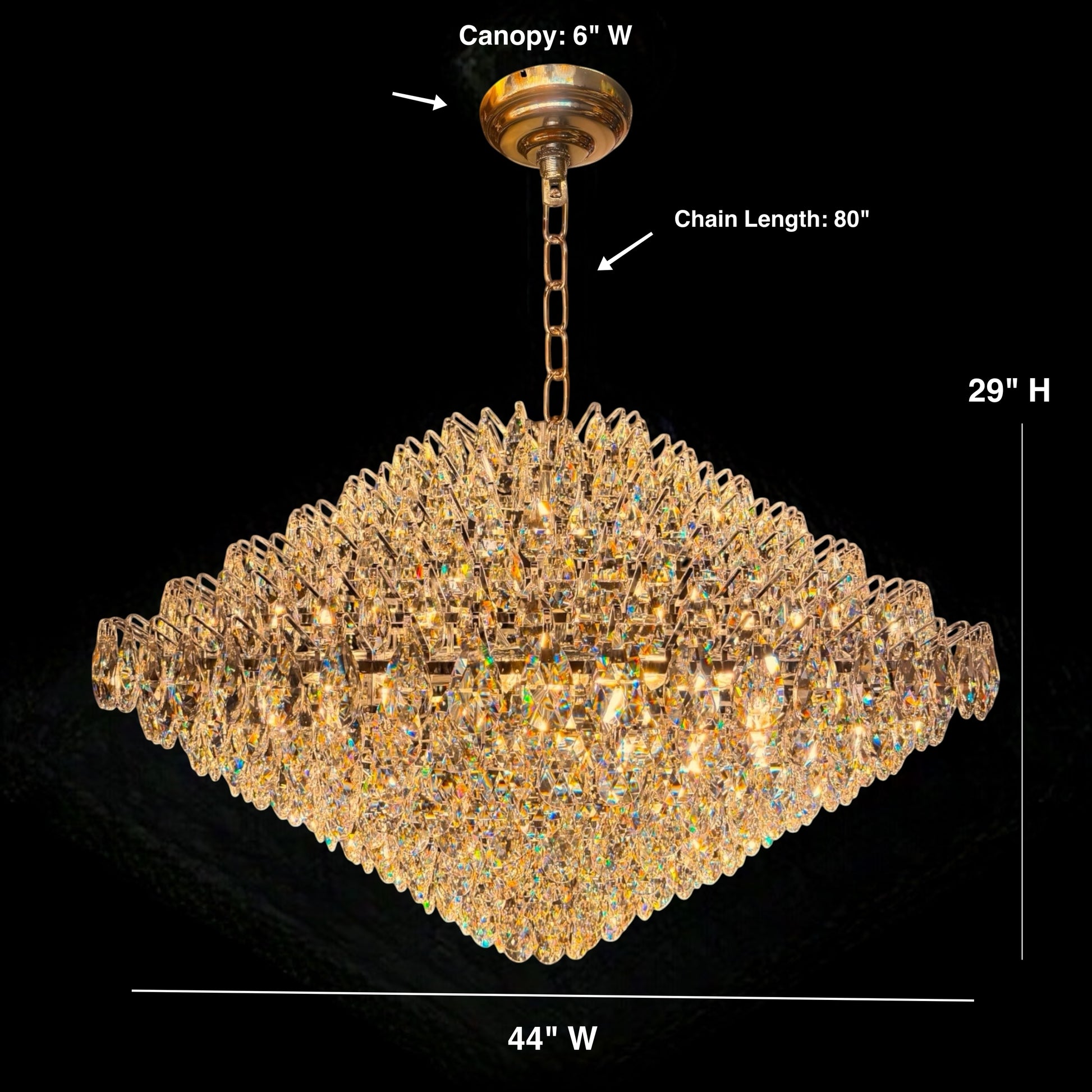 A large diamond teardrop -shaped crystal chandelier diagram showing dimensions with 44 inches width, 29 inches height, 80 inches chain length, and 6 inches canopy width.