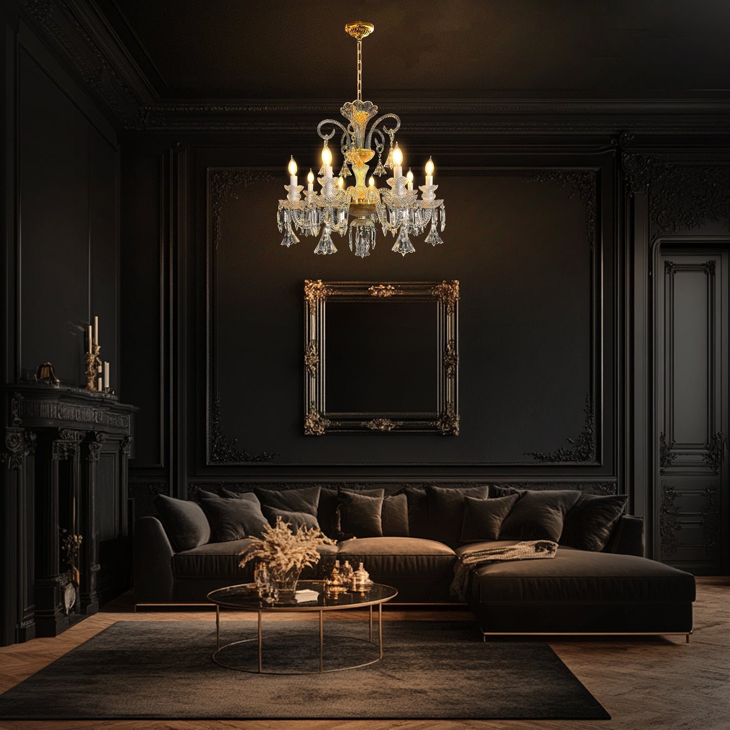 Luxury gold and crystal chandelier illuminating a dark elegant living room, showcasing its classic baroque inspired design and sparkling glass details.