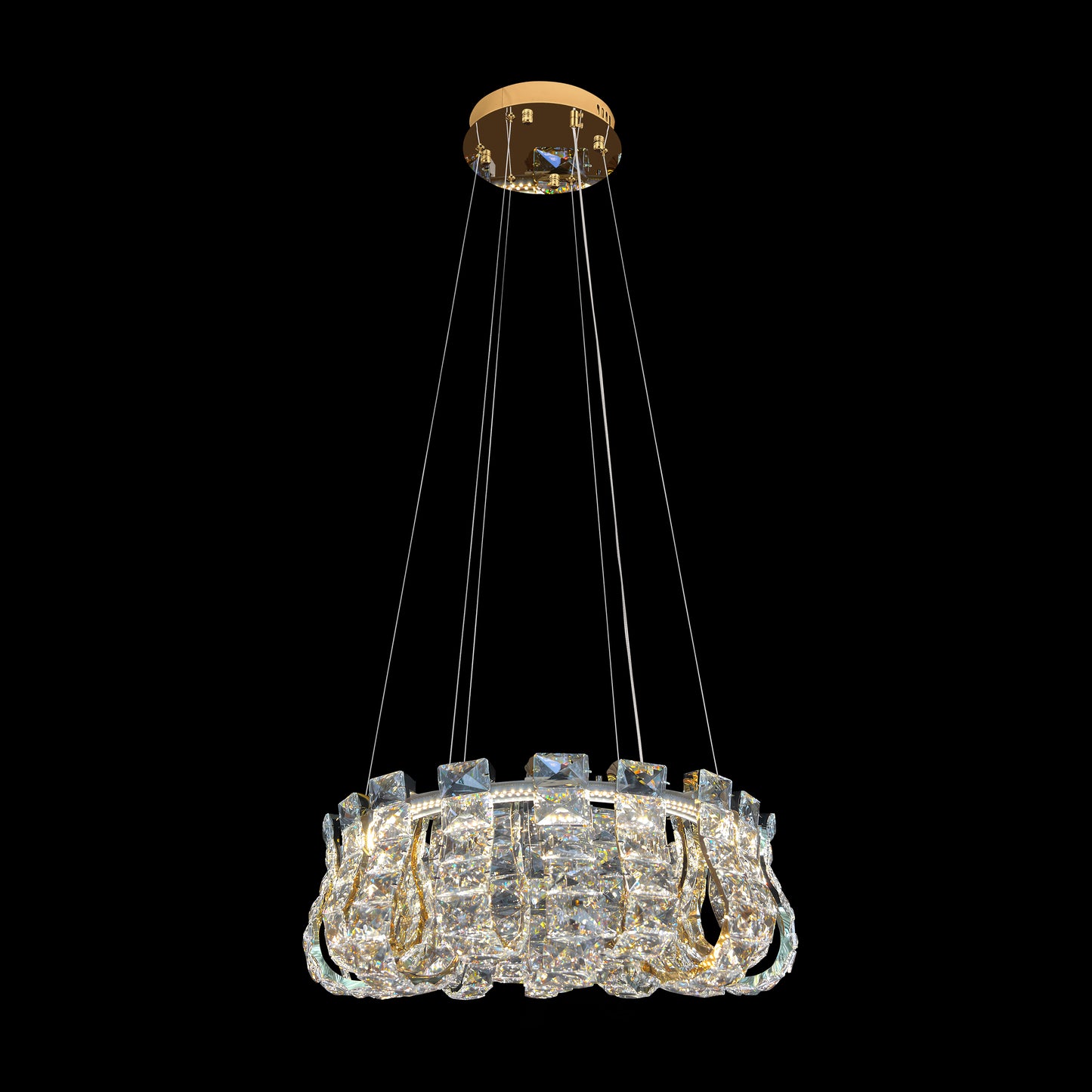luxury 23-inch gold crystal LED chandelier on black background showing full round pendant design