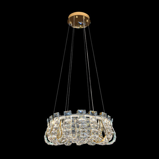 luxury 23-inch gold crystal LED chandelier on black background showing full round pendant design