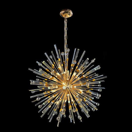 Luxury gold glass pendant chandelier with radiant glow and modern elegance.