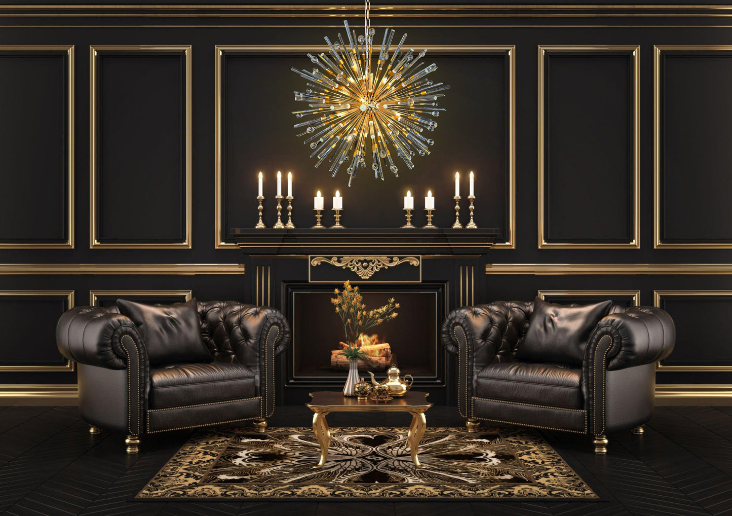 Luxury gold chandelier featured in sophisticated office room setting