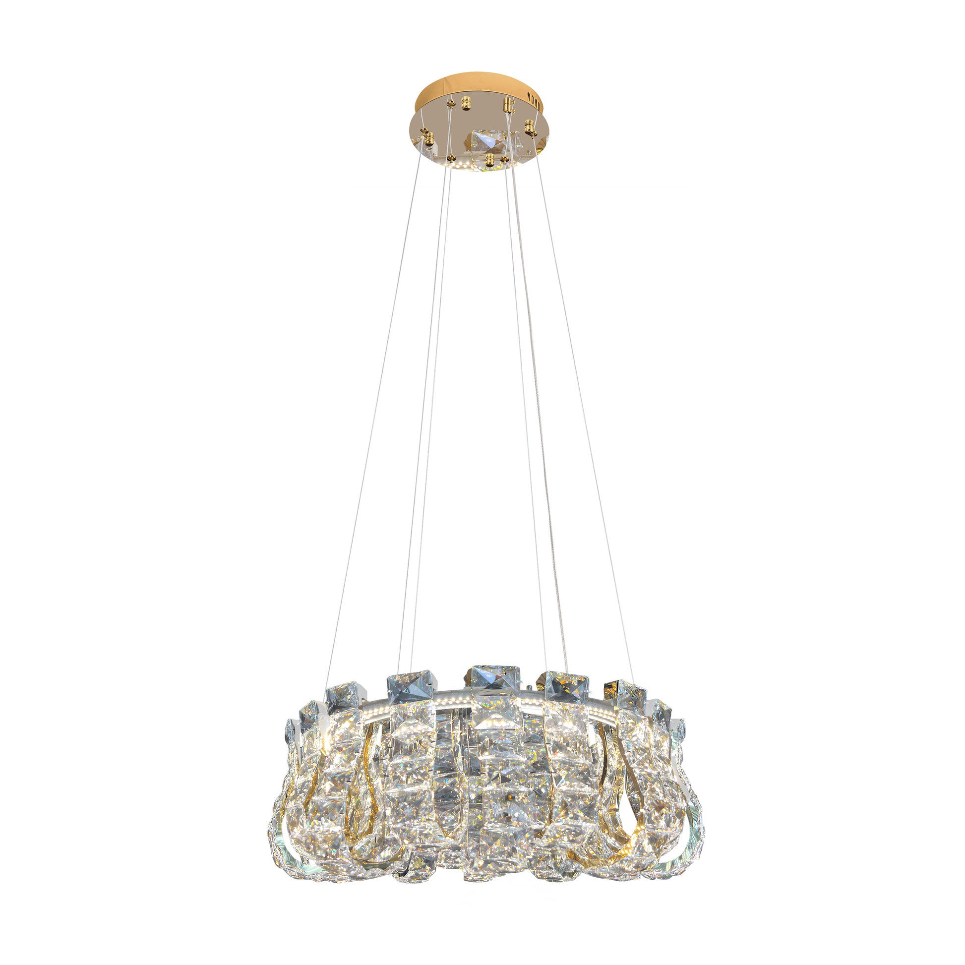 Luxury gold crystal chandelier with LED lighting shown on white background for product clarity.