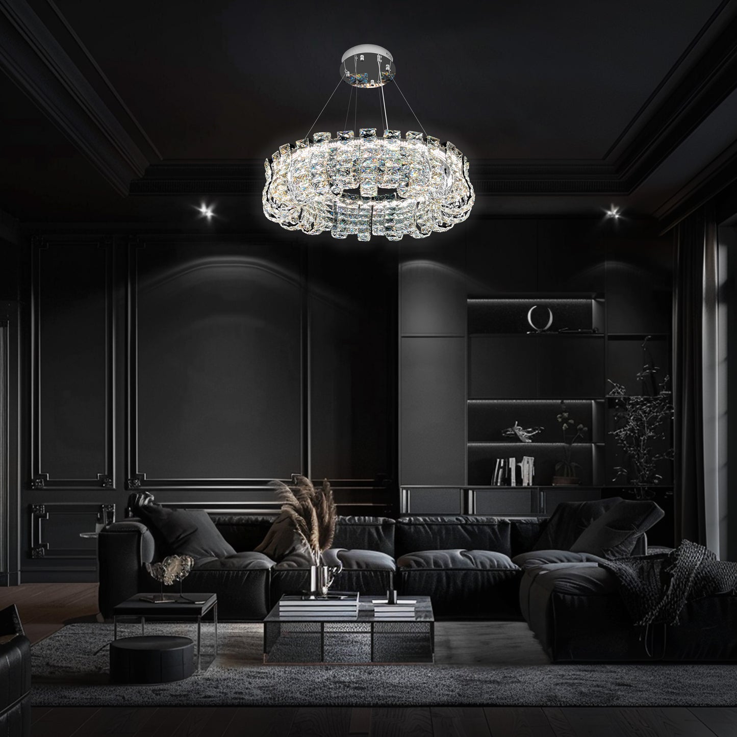 Luxurious living room with a chandelier, dark walls, and modern furniture.